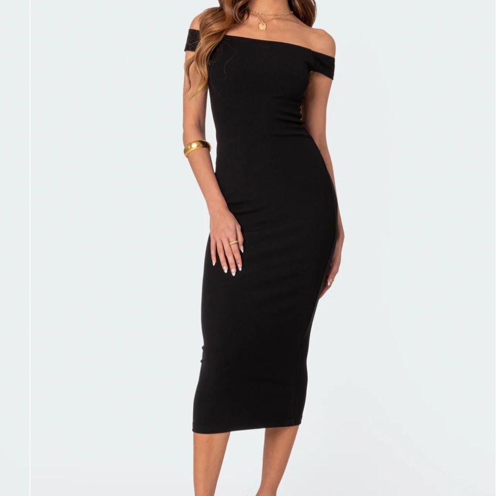 EDIKTED Kyla Off Shoulder Ribbed Midi Dress, Black, Size Small, NWOT